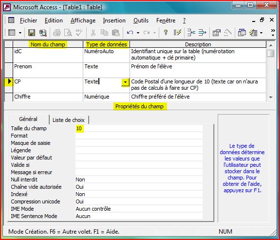 Mode Création Table