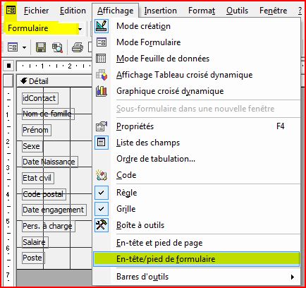 Menu pour afficher l'en-tte de formulaire