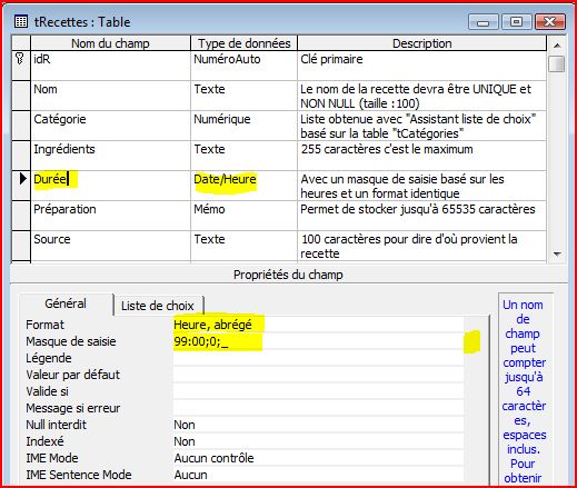 Création table tRecettes