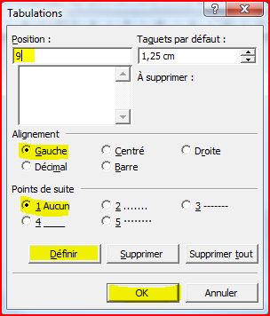 Placer un taquet de tabulation