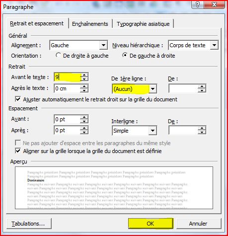 Application d'un retrait gauche